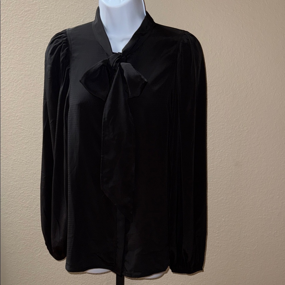 MNG Elegant Black Long Sleeve Blouse with Bow Detail Polyester Women’s Size 8